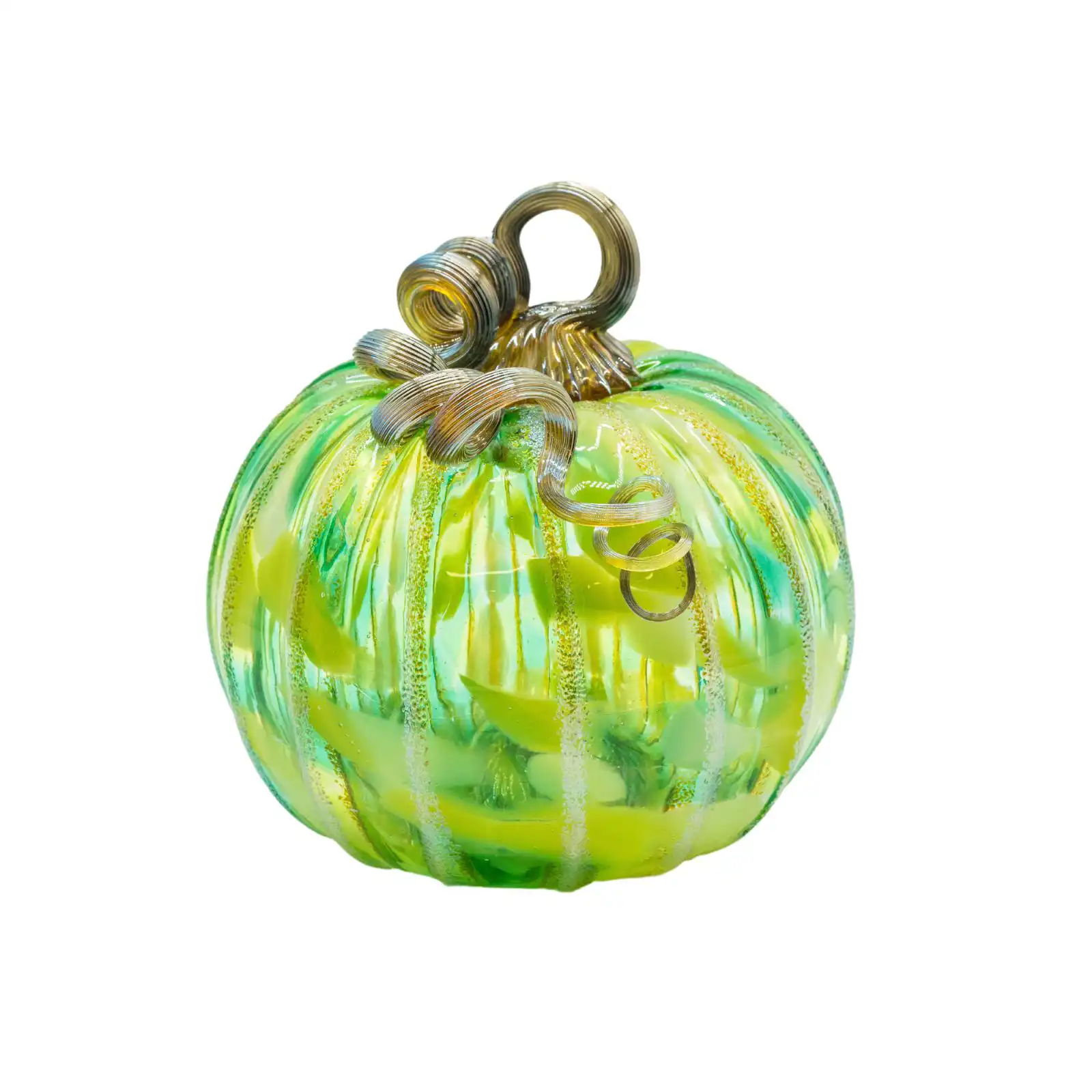 green-white hand-made glass pumpkin middle size made by glassblower 1